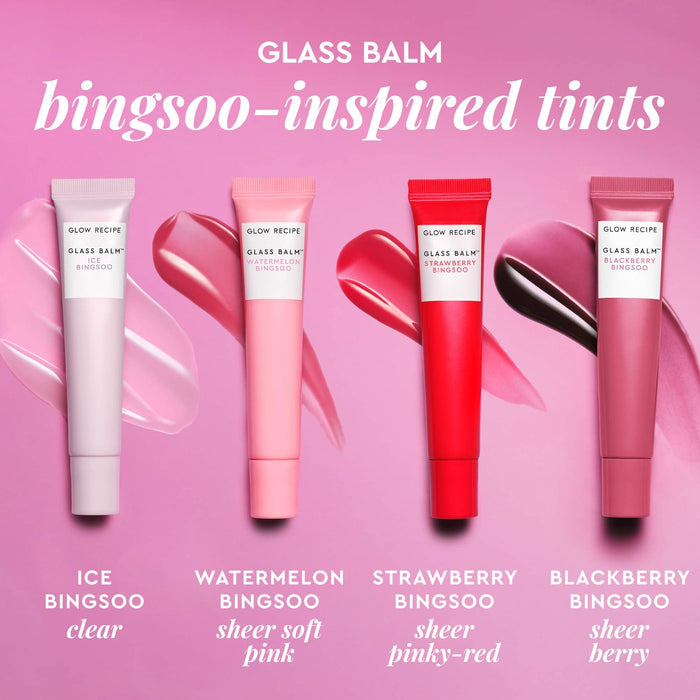 Glow Recipe Glass Balm Lip Treatment in various shades, featuring a glossy, hydrating lip balm with a sleek glass container.
