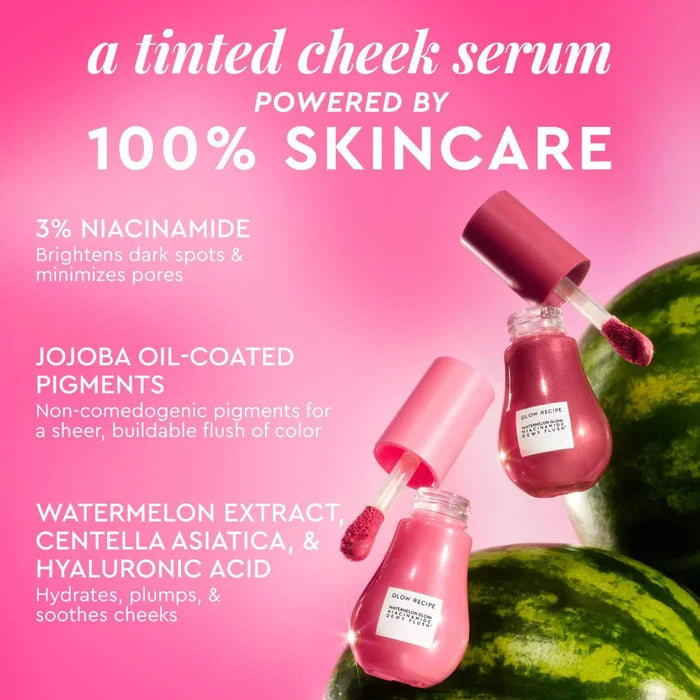 Glow Recipe Watermelon Glow Niacinamide Dewy Flush brightening serum blush in a pink, lightweight formula with watermelon extract.