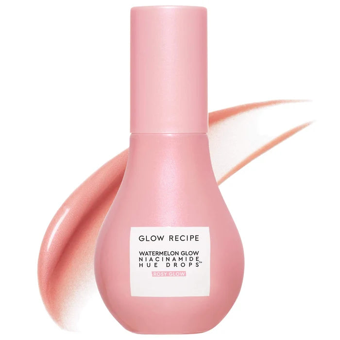 Glow Recipe Watermelon Glow Niacinamide Hue Drops serum in rosy glow shade, 40ml, with a sleek bottle and dropper applicator.
