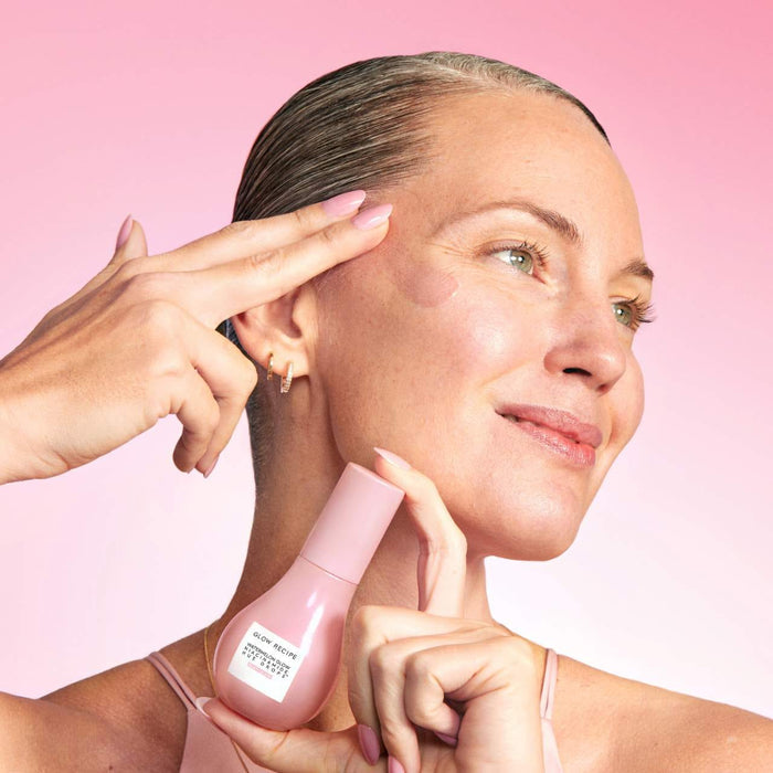 Glow Recipe Watermelon Glow Niacinamide Hue Drops serum with rosy tint, displayed in a 40ml bottle, close-up view.