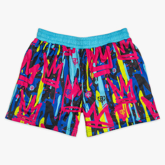 Multi-color shorts with “Graffiti Crown” design — front view