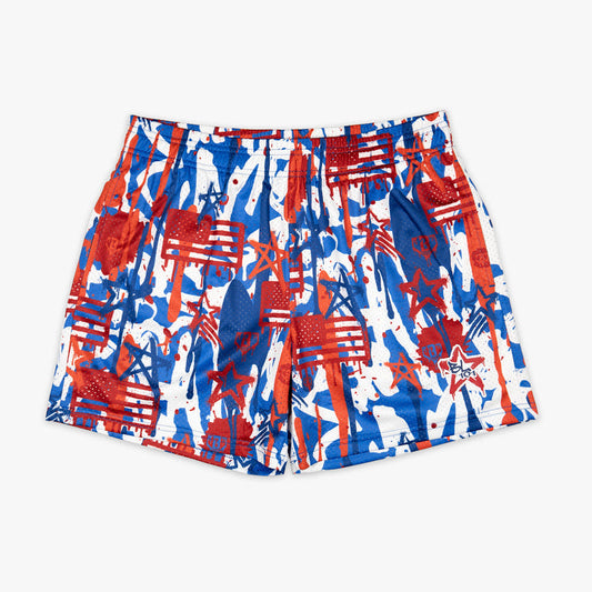 Youth model wearing graffiti Stars USA youth shorts