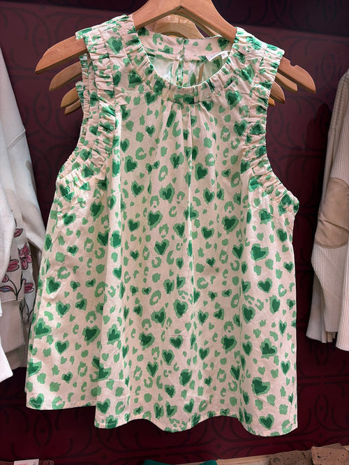 Green with Envy Animal Print Ruffle Tank top by Entro featuring ruffled neckline and vibrant animal pattern.