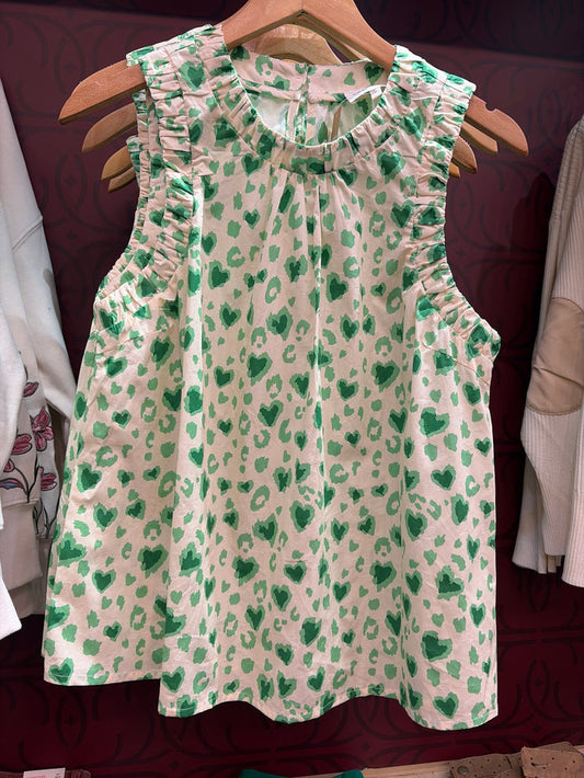 Green with Envy Animal Print Ruffle Tank top by Entro featuring ruffled neckline and vibrant animal pattern.