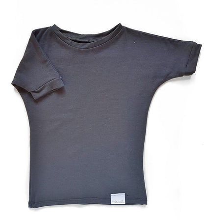 Dark Grey grow-with-me t-shirt for kids, made from soft Lyocell. Ethically made in Canada for a sustainable and comfy fit.