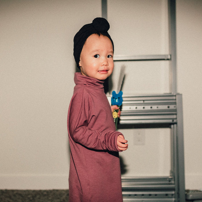 Eco-friendly kids' clothing – gender-neutral Rose Brown grow with me turtleneck, sustainably made in Canada.
