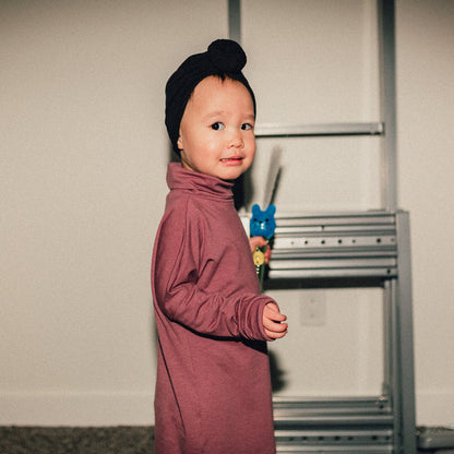 Eco-friendly kids' clothing – gender-neutral Rose Brown grow with me turtleneck, sustainably made in Canada.
