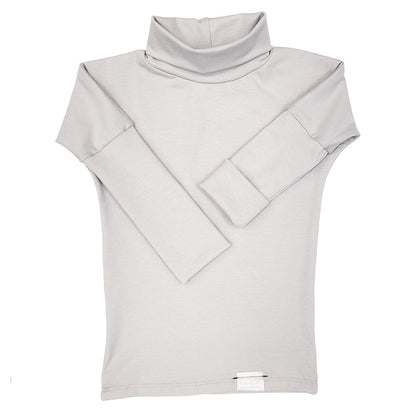 Eco-friendly kids' clothing – gender-neutral Light Grey Taupe grow with me turtleneck, sustainably made in Canada.
