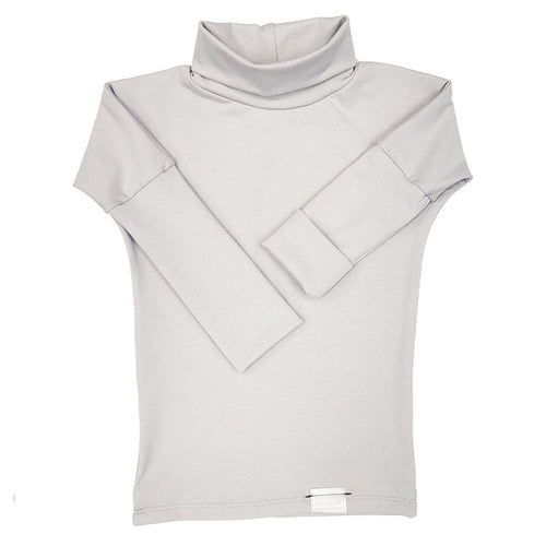 Eco-friendly kids' clothing – gender-neutral Light Grey Taupe grow with me turtleneck, sustainably made in Canada.