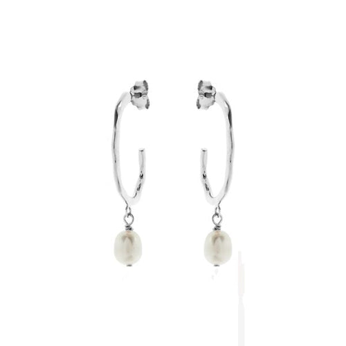 Hammered Hoop Earring with Freshwater Pearl - Sterling Silver
