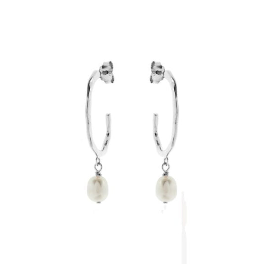 Hammered Hoop Earring with Freshwater Pearl - Sterling Silver