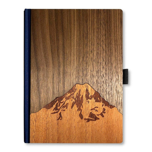 Handcrafted 6x8 wood journal with smooth wooden cover and visible grain, featuring a classic binding for writing or sketching.