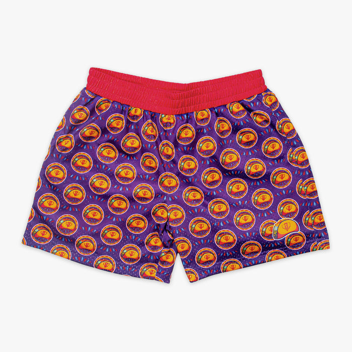 Shorts with a colorful taco pattern on a white background