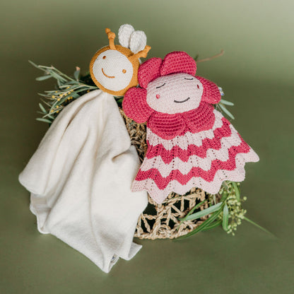 Honey Bee & Happy Flower - Organic Baby Lovey Security Blanket Cuddle Cloth
