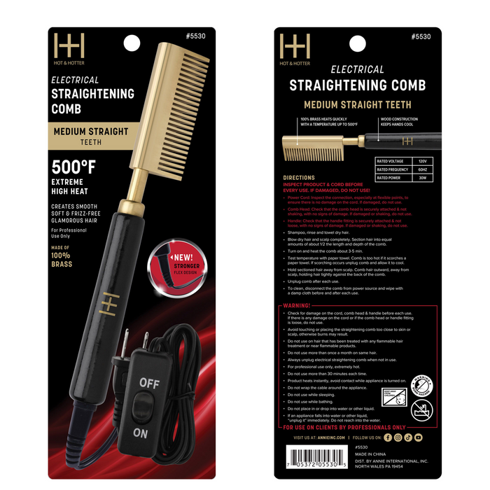 Hot & Hotter Electric Straightening Comb Medium Straight Teeth, 1 Count, Black & Gold