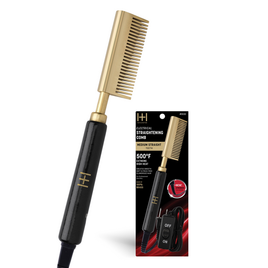 Hot & Hotter Electric Straightening Comb Medium Wide Teeth, 1 Count, Black & Gold