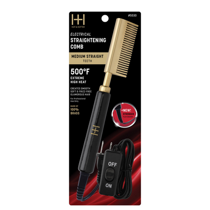 Hot & Hotter Electric Straightening Comb Medium Wide Teeth, 1 Count, Black & Gold