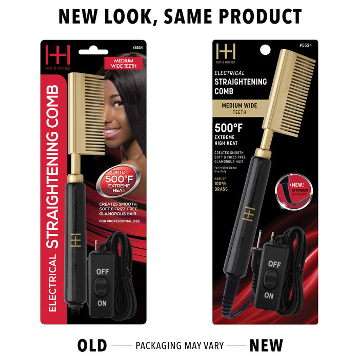 Hot & Hotter Electric Straightening Comb Medium Wide Teeth, 1 Count, Black & Gold
