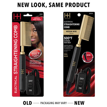 Hot & Hotter Electric Straightening Comb Medium Wide Teeth, 1 Count, Black & Gold