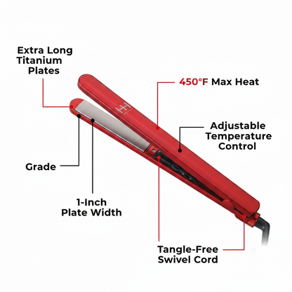 Hot & Hotter Extra Long Titanium Flat Iron 1 Inch, 1 Count, Red