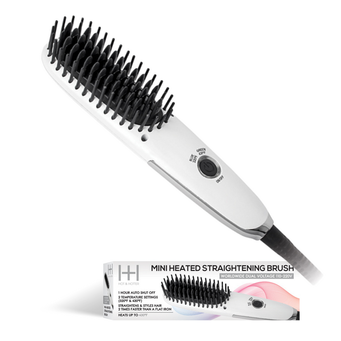 Hot & Hotter Mini Heated Straightening Brush, 1 Count Small Hot Styling Brush, White