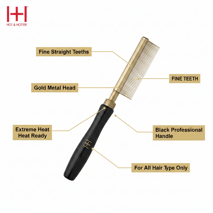 Hot & Hotter Thermal Straightening Comb Fine Teeth, 1 Count, Black & Gold