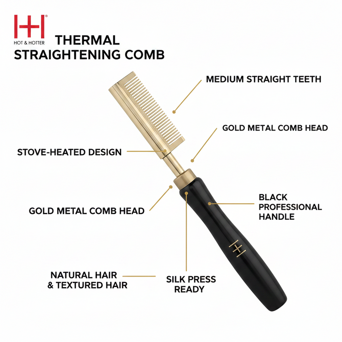 Hot & Hotter Thermal Straightening Comb Medium Teeth, 1 Count, Black & Gold