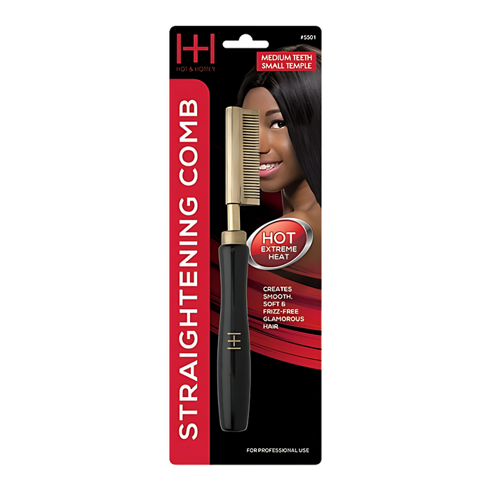 Hot & Hotter Thermal Straightening Comb Medium Teeth, 1 Count, Black & Gold