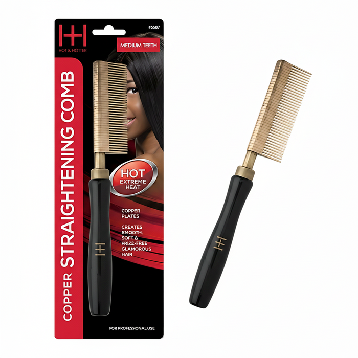Hot & Hotter Thermal Straightening Comb Medium Teeth Copper Plate, 1 Count, Black & Gold