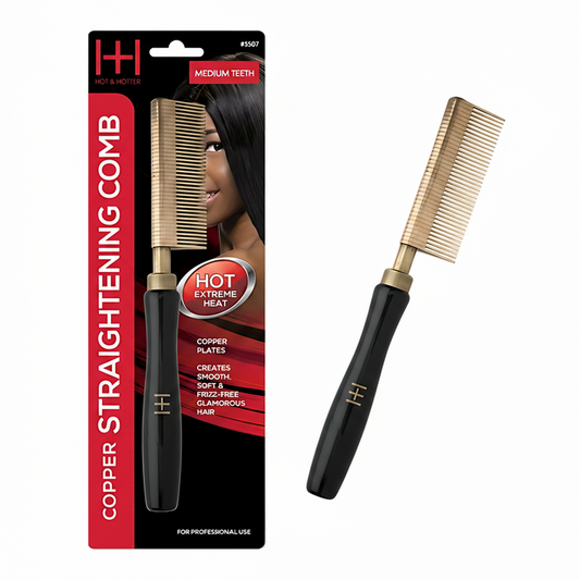 Hot & Hotter Thermal Straightening Comb Medium Teeth Copper Plate, 1 Count, Black & Gold