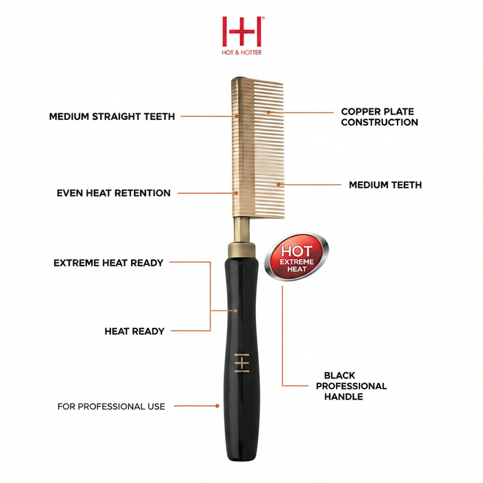 Hot & Hotter Thermal Straightening Comb Medium Teeth Copper Plate, 1 Count, Black & Gold