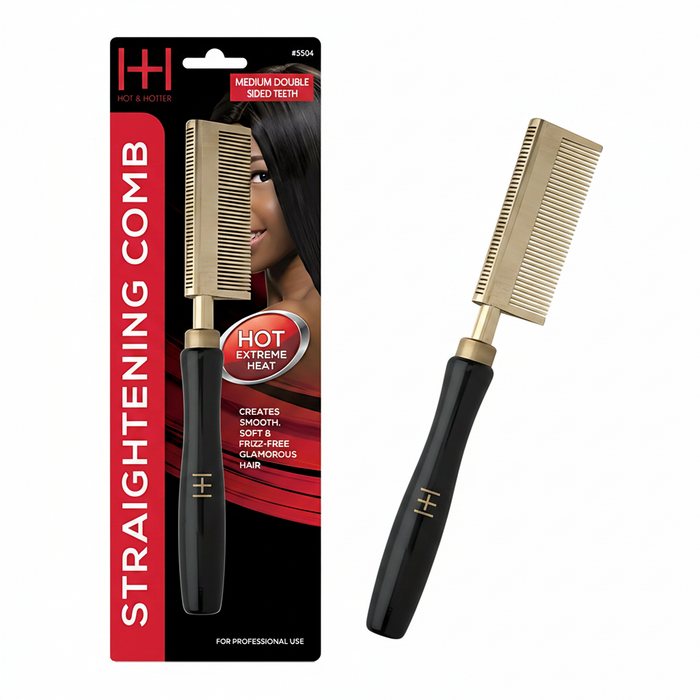 Hot & Hotter Thermal Straightening Comb Medium Teeth Double Sided, 1 Count, Black & Gold