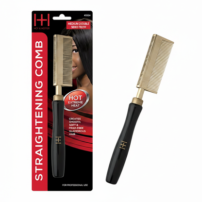 Hot & Hotter Thermal Straightening Comb Medium Teeth Double Sided, 1 Count, Black & Gold