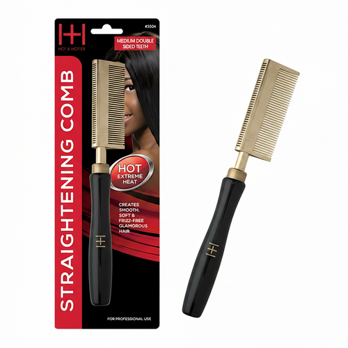 Hot & Hotter Thermal Straightening Comb Medium Teeth Double Sided, 1 Count, Black & Gold