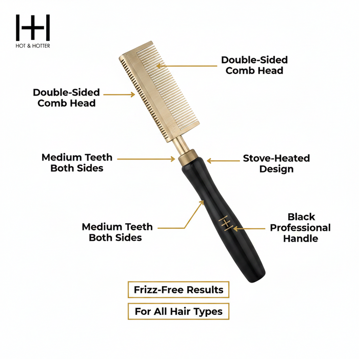 Hot & Hotter Thermal Straightening Comb Medium Teeth Double Sided, 1 Count, Black & Gold