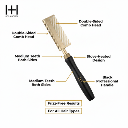 Hot & Hotter Thermal Straightening Comb Medium Teeth Double Sided, 1 Count, Black & Gold