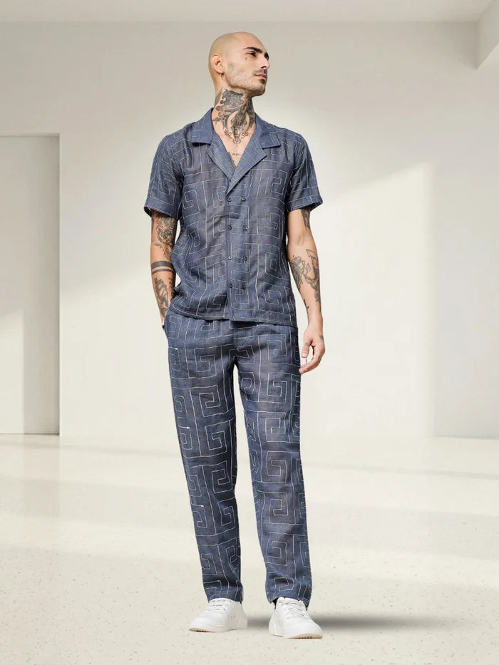 House Of Koala Blue Linen Blend Embroidered Relaxed Fit All Day Pants