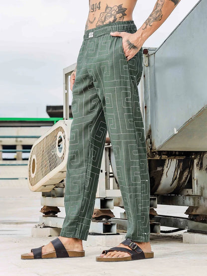 House Of Koala Olive Linen Blend Embroidered Relaxed Fit All Day Pants