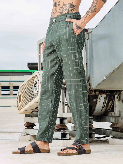 House Of Koala Olive Linen Blend Embroidered Relaxed Fit All Day Pants