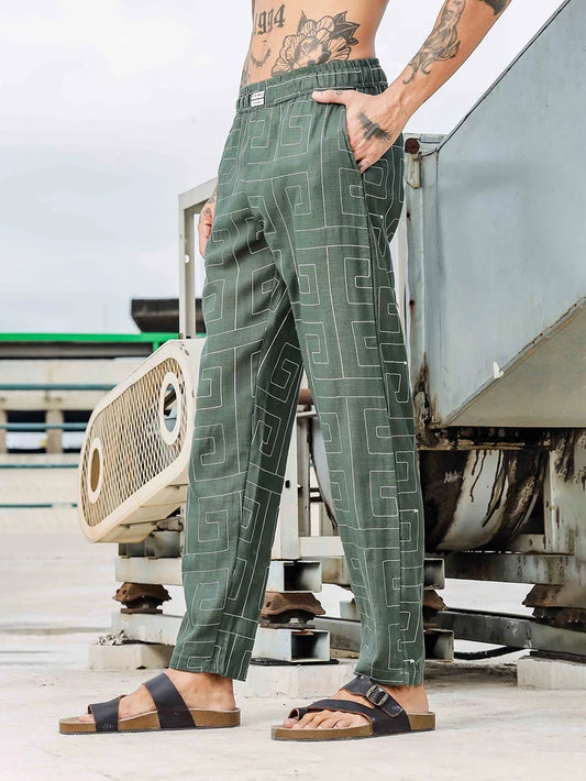 House Of Koala Olive Linen Blend Embroidered Relaxed Fit All Day Pants