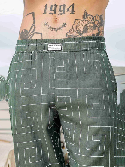 House Of Koala Olive Linen Blend Embroidered Relaxed Fit All Day Pants