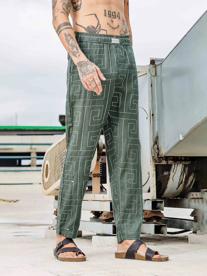 House Of Koala Olive Linen Blend Embroidered Relaxed Fit All Day Pants