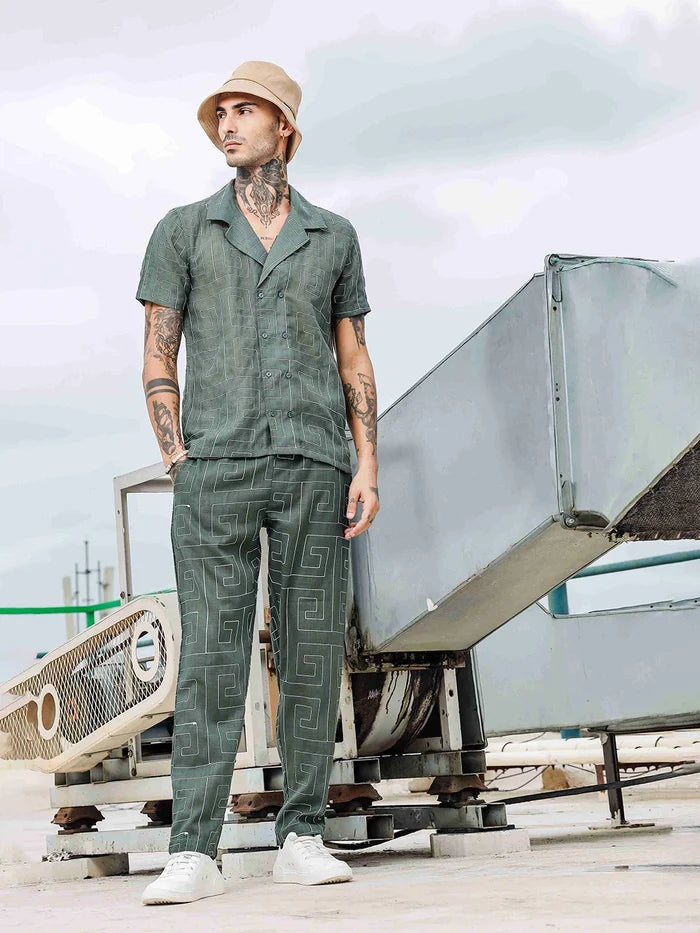 House Of Koala Olive Linen Blend Embroidered Relaxed Fit All Day Pants
