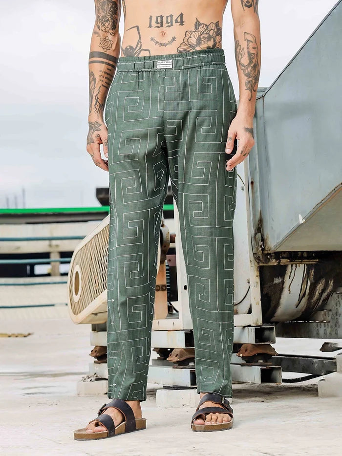 House Of Koala Olive Linen Blend Embroidered Relaxed Fit All Day Pants