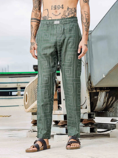 House Of Koala Olive Linen Blend Embroidered Relaxed Fit All Day Pants
