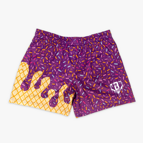 Purple Ice Cream Cosmic Cone Crunch shorts — front view