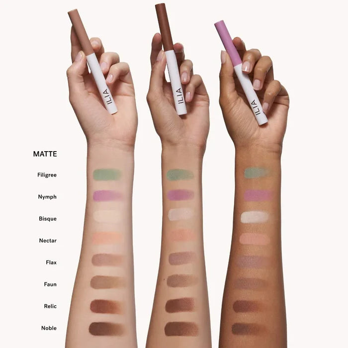 Ilia Eye Stylus Shadow Stick with long-lasting cream eyeshadow in a sleek black container, ready for eye makeup application.