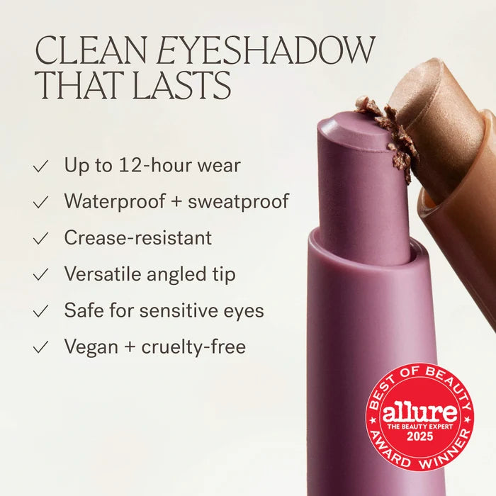 Ilia Eye Stylus Shadow Stick with long-lasting cream eyeshadow in a sleek black packaging, open to reveal the product tip.