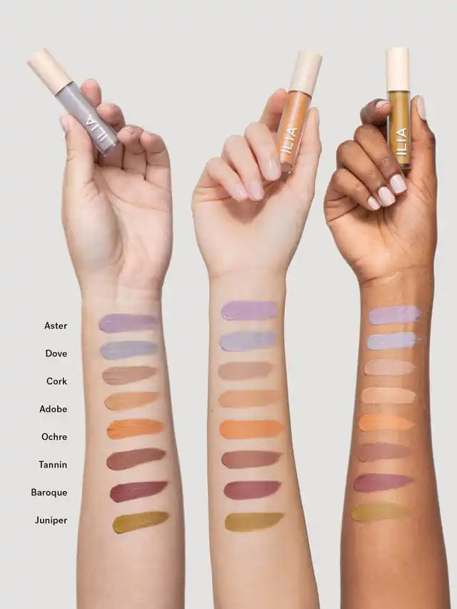 Ilia Liquid Powder Eye Tint in various matte and chromatic shades, showcasing vibrant color options for eyes.