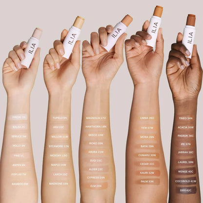 Ilia Skin Rewind Blurring Foundation and Concealer Complexion Stick in various shades, new in box, close-up of product display